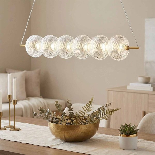 Plafonnier LED SALMA 6 tulipes acrylique et doré, design glamour, idéal pour grands salons et salles à manger de luxe